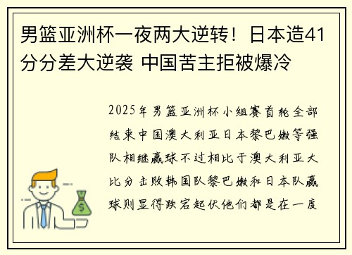 男篮亚洲杯一夜两大逆转！日本造41分分差大逆袭 中国苦主拒被爆冷